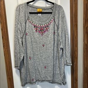 Ruby Rd Pink and Gray Embellished Tunic with 3/4 Sleeves